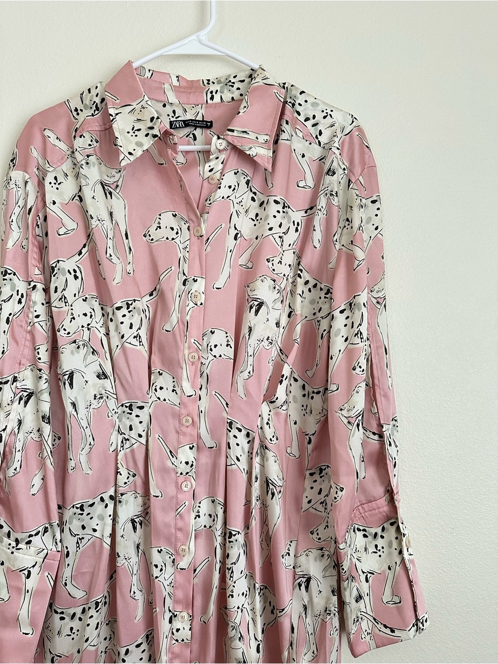 Zara Pink Dalmatian Print Button Front Satin Effect Midi Dress - Picture 5 of 7